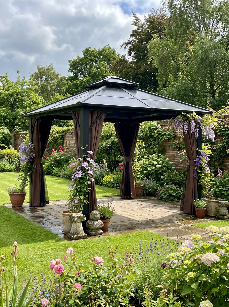 3x3m Brown Permanent Hardtop Gazebo Pavilion – 7mm Polycarbonate Double Roof Garden Shelter with Curtains & Insect Netting