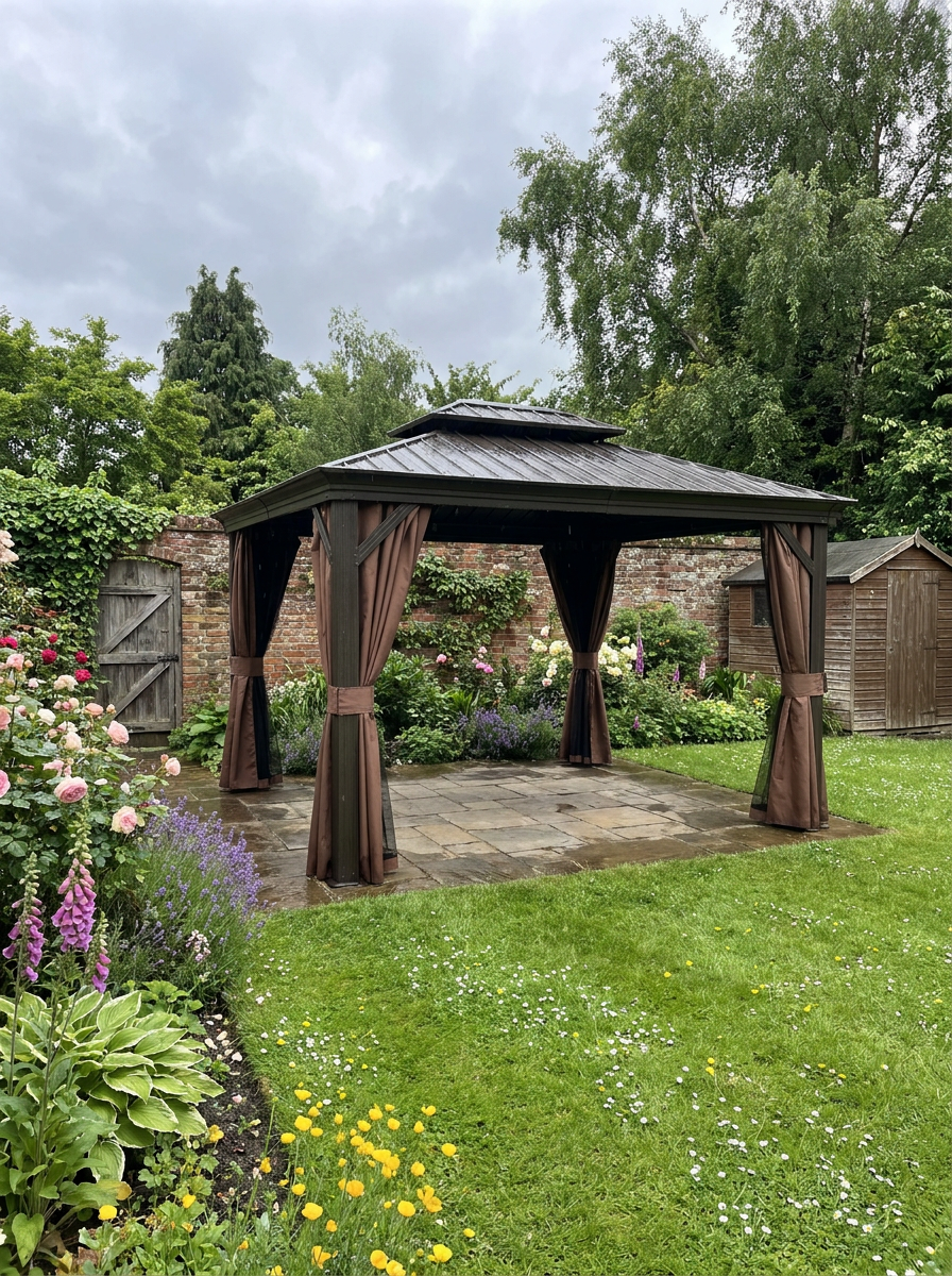 3.6m x 3m Hardtop Garden Gazebo with Twin-Tier Polycarbonate Roof, Privacy Curtains & Insect Mesh Panels