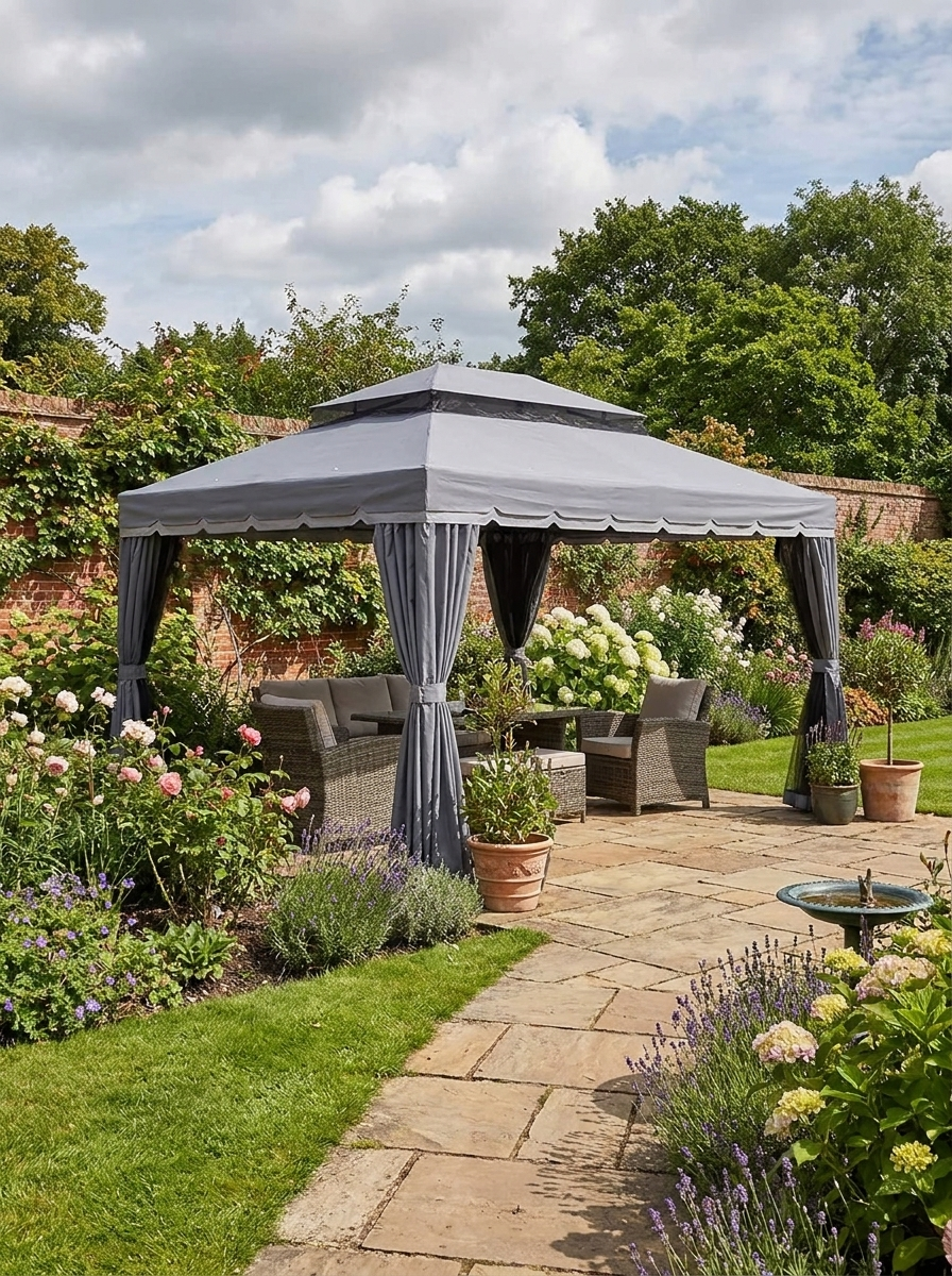 3.9m x 2.9m Dark Grey Aluminium Garden Pavilion – Double Roof Gazebo Canopy with Privacy Curtains, Insect Mesh Netting & Party Shelter Tent