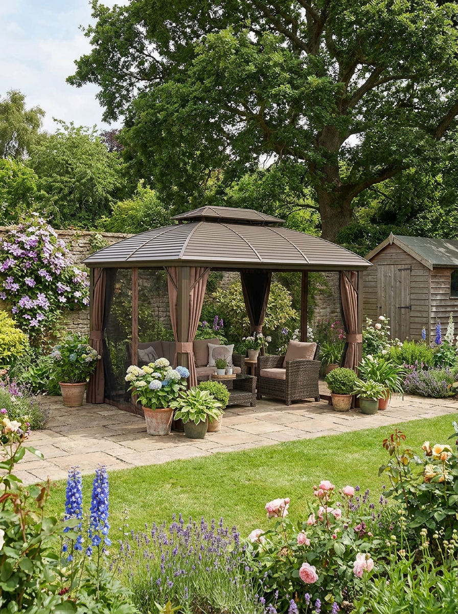 3.65m x 3m Coffee Hardtop Garden Gazebo with Steel Roof, Aluminium Frame, Double-Tier Canopy, Curtains & Mesh Sidewalls – Luxury Outdoor Pavilion Shelter