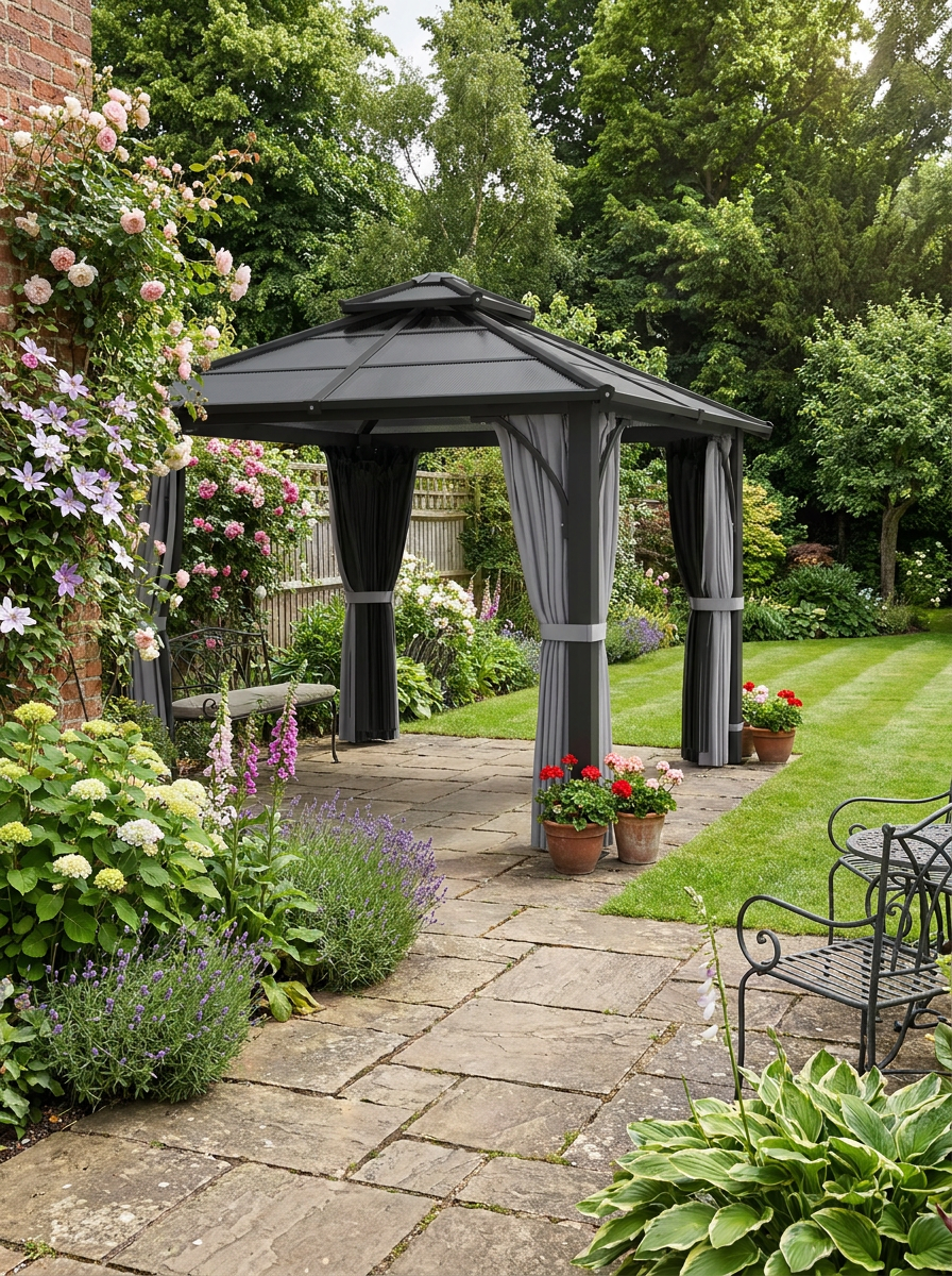 3m x 3m Dark Grey Hardtop Garden Gazebo with Polycarbonate Double Roof, Steel Frame, Privacy Curtains & Insect Netting Outdoor Pavilion
