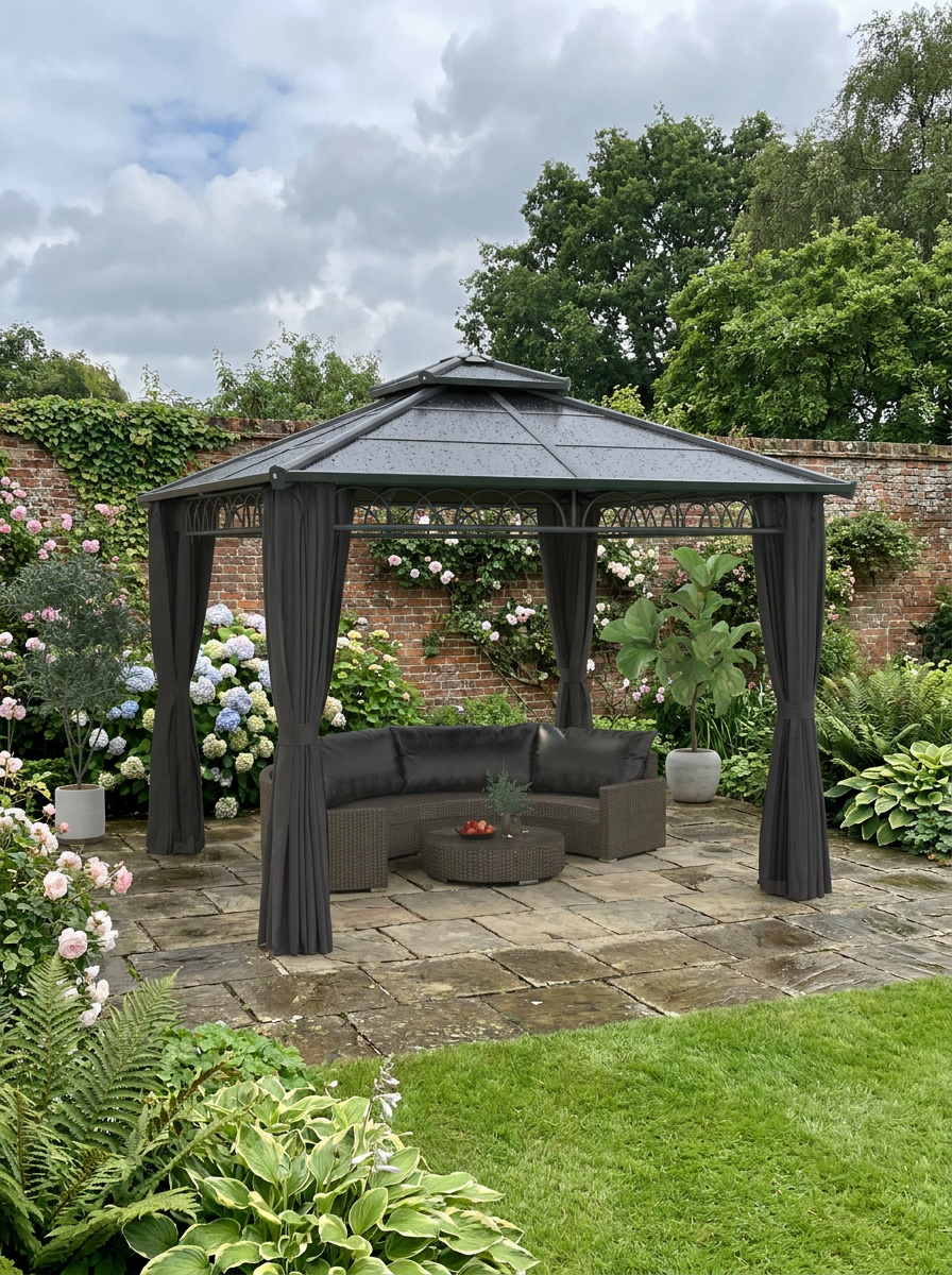 3x3m Brown Polycarbonate Hardtop Gazebo Garden Pavilion – Heavy Duty Metal Frame Shelter with Curtains & Mosquito Netting