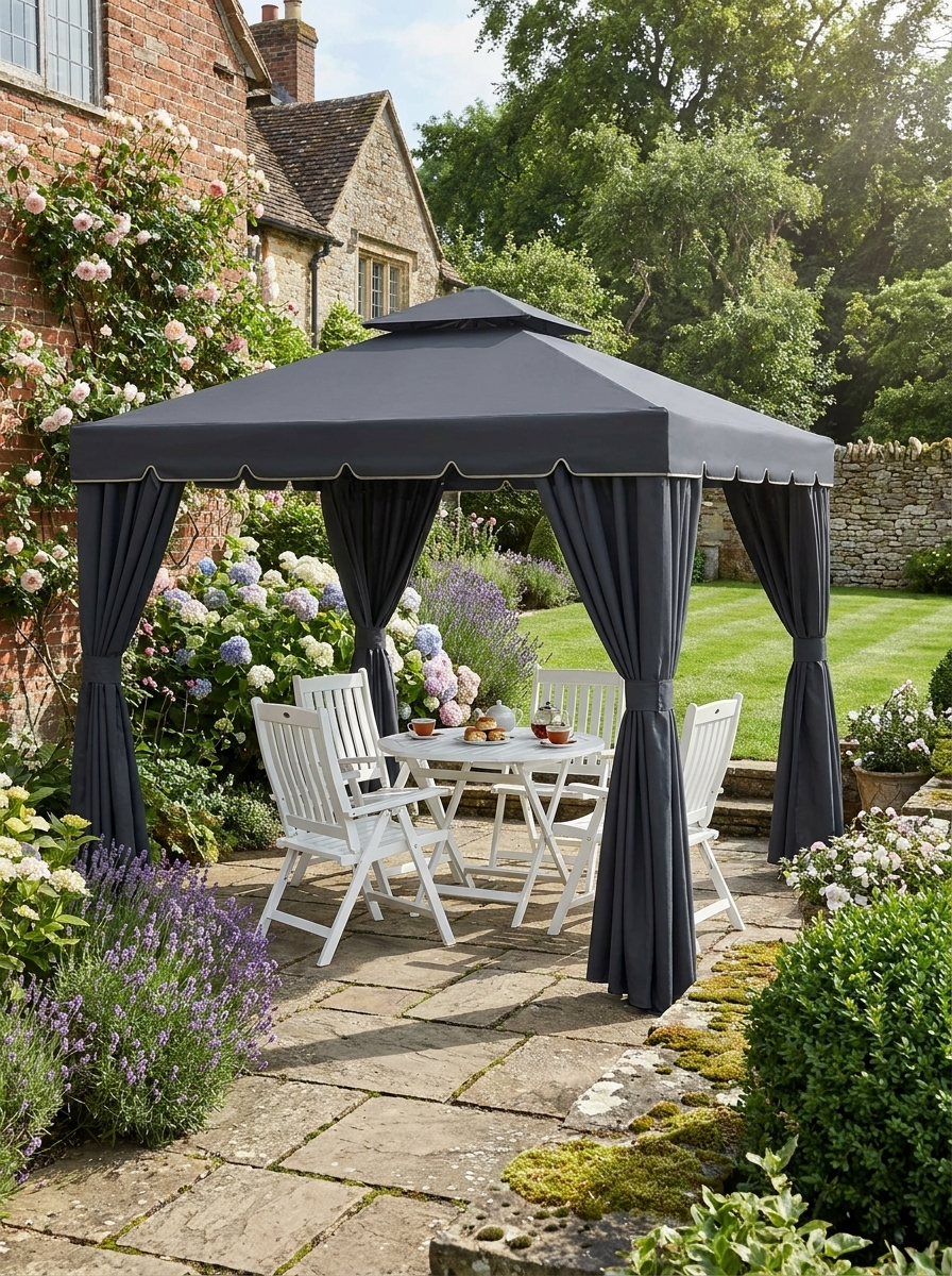 Black 3m x 4m Aluminium Gazebo - Outdoor Garden Pavilion with Double Tier Roof, Curtains and Insect Netting