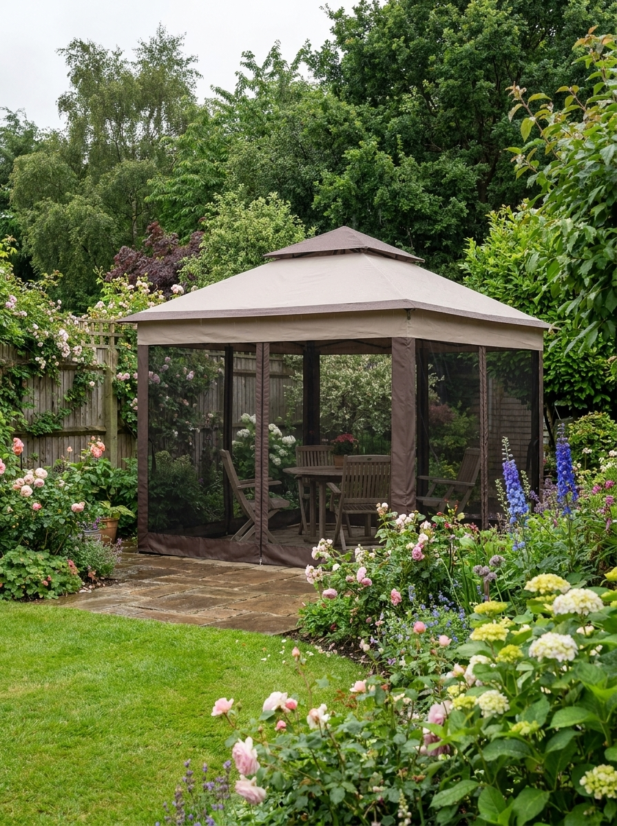 3.25m x 3.25m Brown & Grey Pop-Up Garden Gazebo – Double Tier Roof Metal Frame Pavilion with Mesh Curtains, Carry Bag & Outdoor Event Shelter