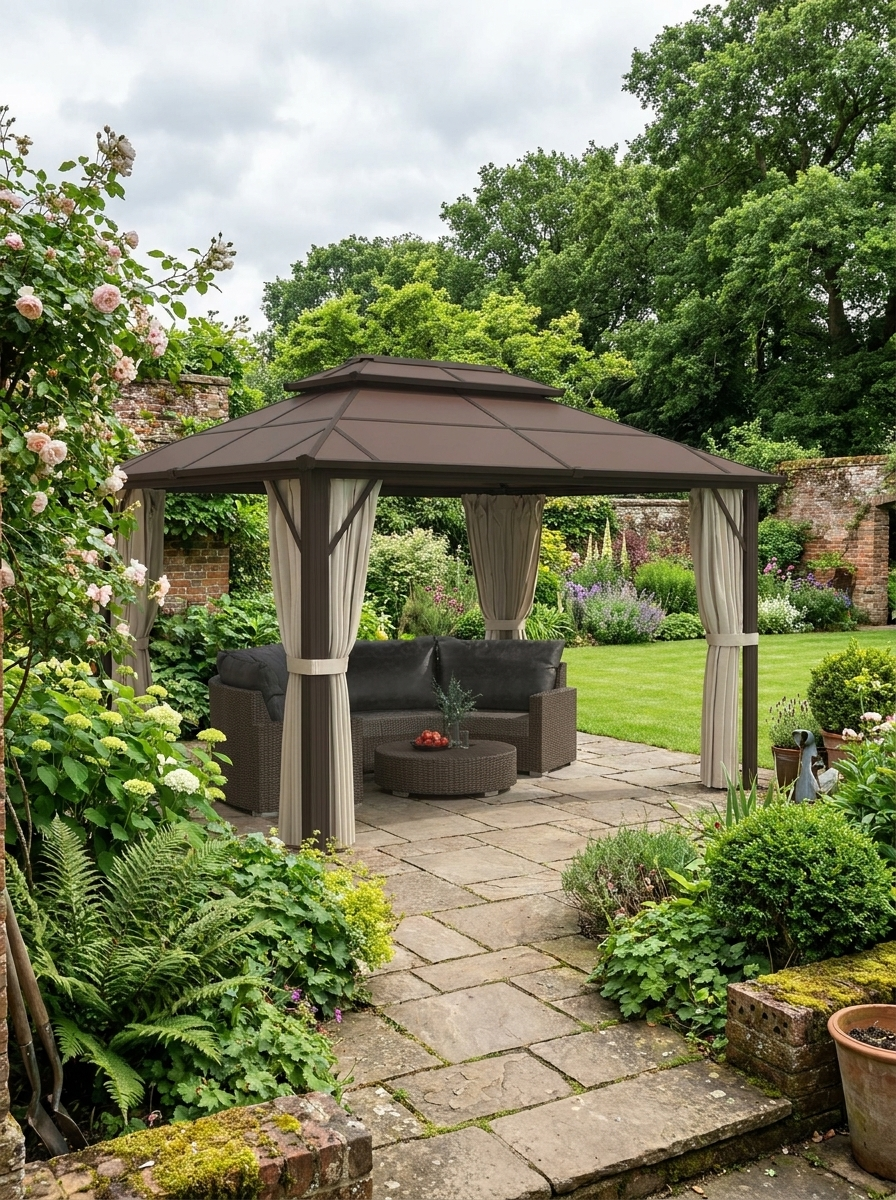 4m x 3m Beige Permanent Hardtop Gazebo – UPF30+ Polycarbonate Double Roof Pavilion with Aluminium Frame, Curtains & Mosquito Netting for Garden, Patio & Deck