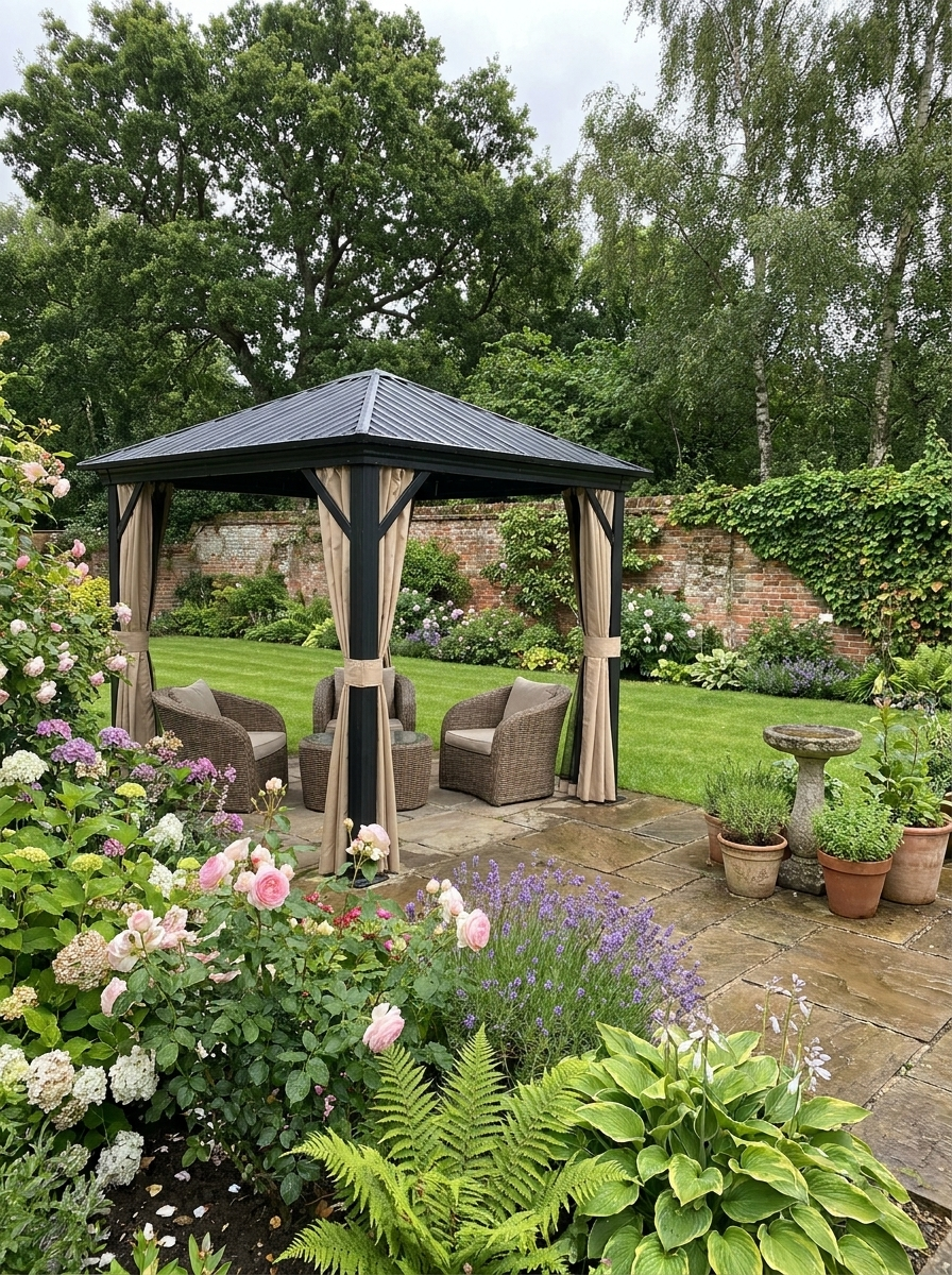 Brown 3.6m x 3m Aluminium Hardtop Gazebo - Durable Garden Shelter with Privacy Curtains