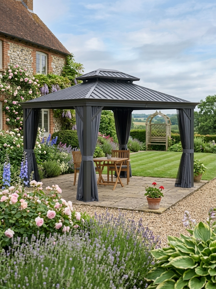 3.65m x 3m Aluminium Hardtop Gazebo - Brown Double Roof Patio Shelter with Privacy Curtains