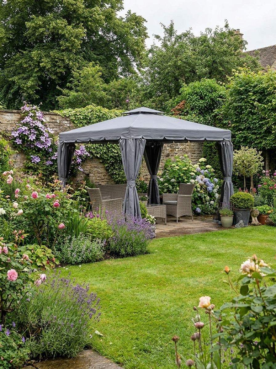 Grey 3x3m Garden Gazebo Pavilion with Aluminium Frame, Double-Tier Canopy, Curtains & Removable Insect Netting