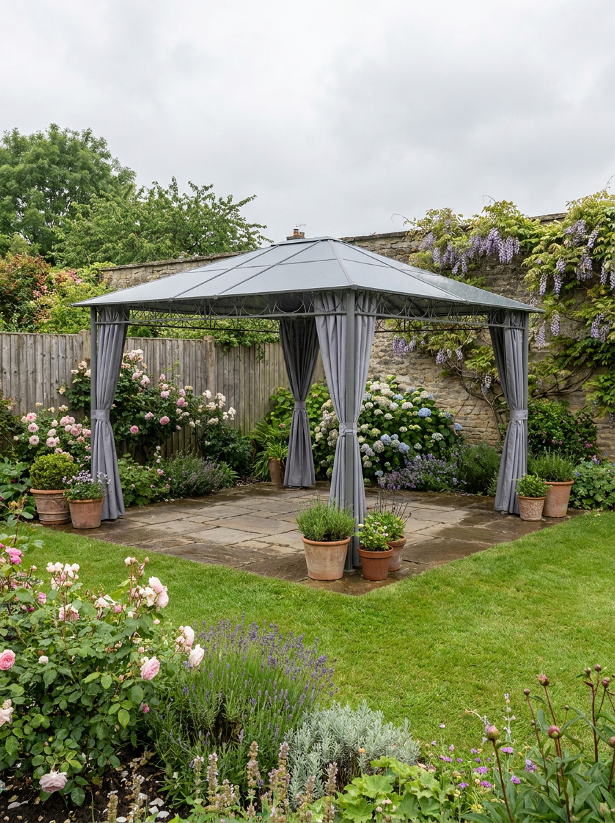 3.6m x 3m Grey Polycarbonate Hardtop Garden Gazebo with Privacy Curtains & Steel Frame