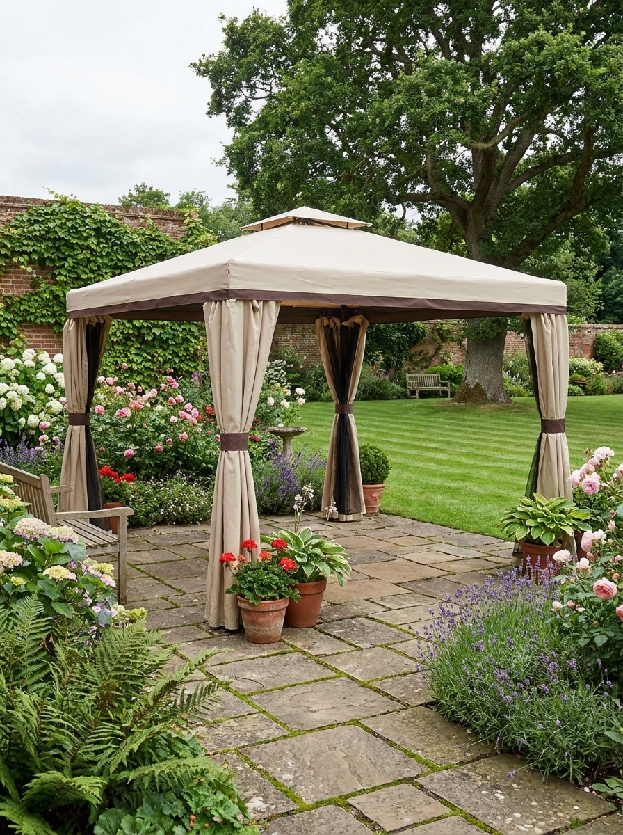 3m x 3m Beige Double-Tier Water-Resistant Garden Gazebo with Mesh Curtains, Metal Frame & Ground Fixing Kit