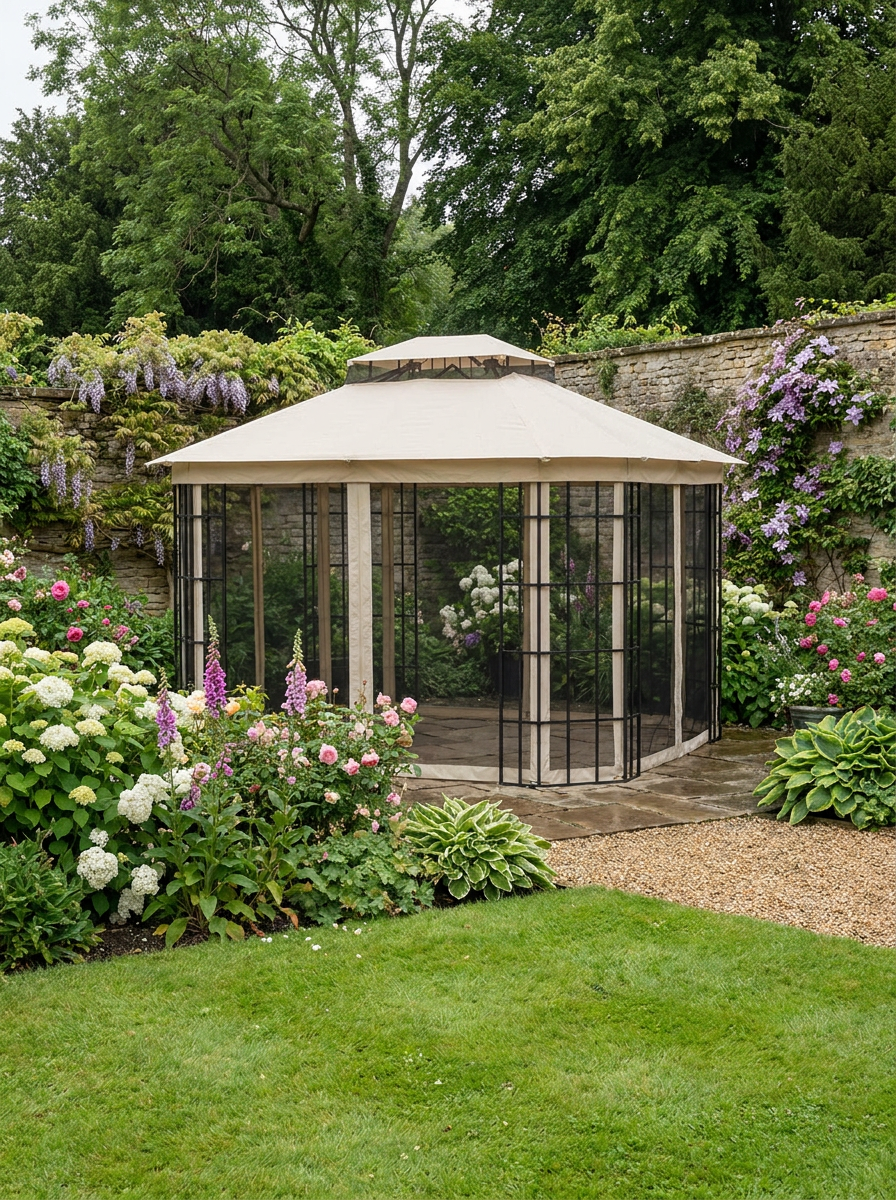 3.65m x 3m Round Hardtop Garden Gazebo with Mesh Netting & Double-Tier Roof