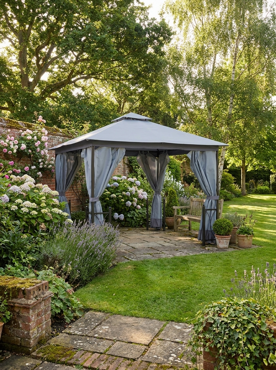 4m x 3.35m Grey Garden Gazebo with Ventilated Double-Tier Canopy & Privacy Side Panels