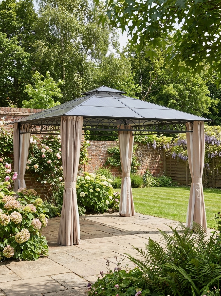 3m x 3m Hardtop Garden Gazebo with Double-Tier Polycarbonate Roof, Privacy Curtains & Insect Mesh Sides