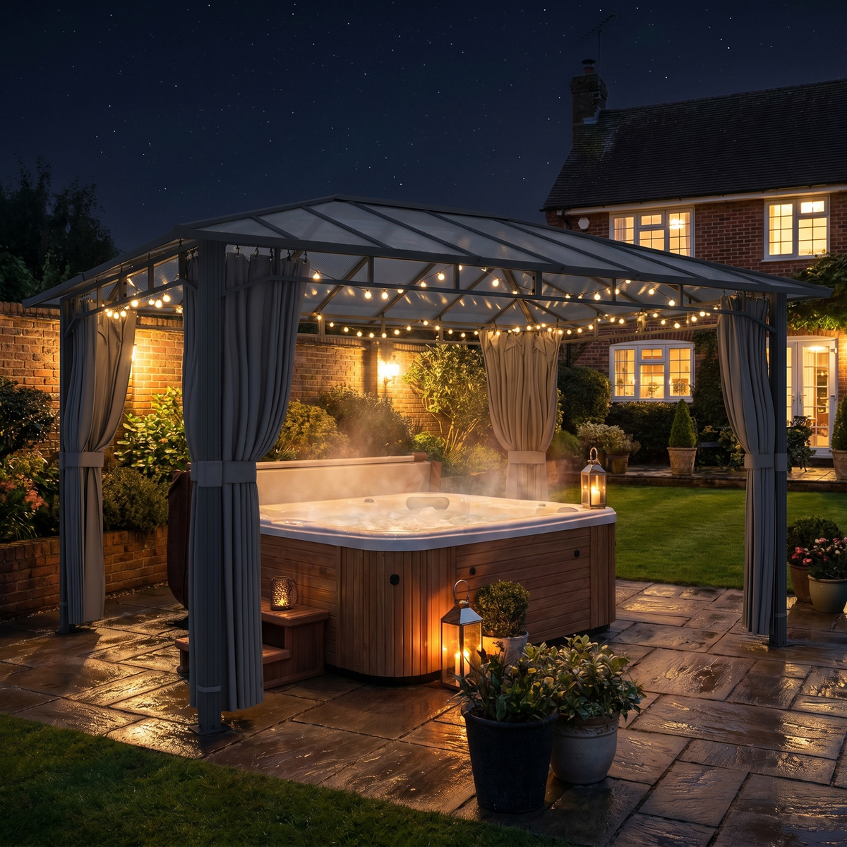 3m x 4m Hardtop Gazebo with 6mm Polycarbonate Roof, Aluminium Permanent Garden Pavilion with Curtains, Dark Grey Outdoor Patio Canopy for Sun, Rain...