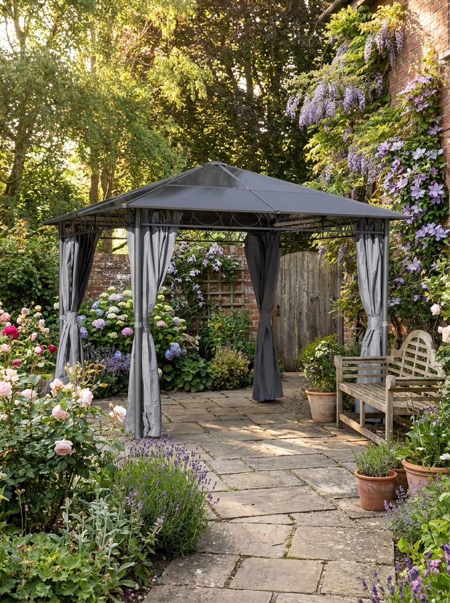 3m x 3m Grey Hardtop Gazebo with Polycarbonate Roof - UV Resistant Garden Pavilion with Curtains