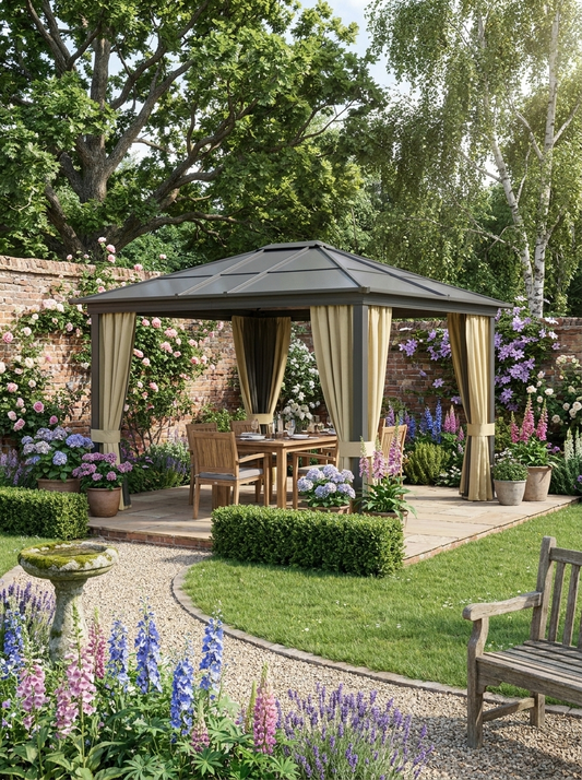 3x3m Premium Aluminium Hardtop Garden Gazebo with Polycarbonate Roof, Removable Curtains & Insect Mesh Enclosure