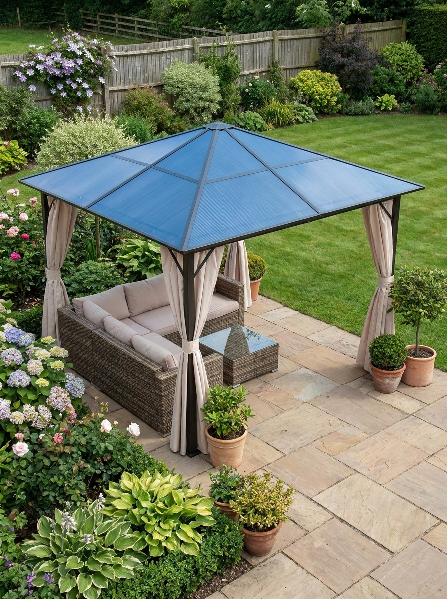 3.6m x 3m Polycarbonate Hardtop Gazebo with Steel Frame - Garden Patio Shelter with Curtains