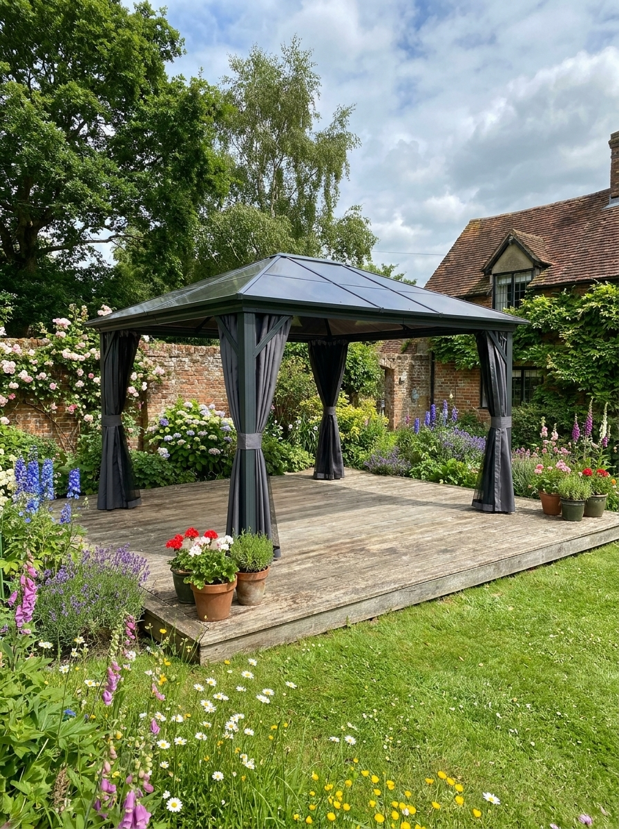 3.6m x 4.2m Aluminium Hardtop Gazebo with Polycarbonate Roof - Permanent Garden Pavilion with Curtains & Netting