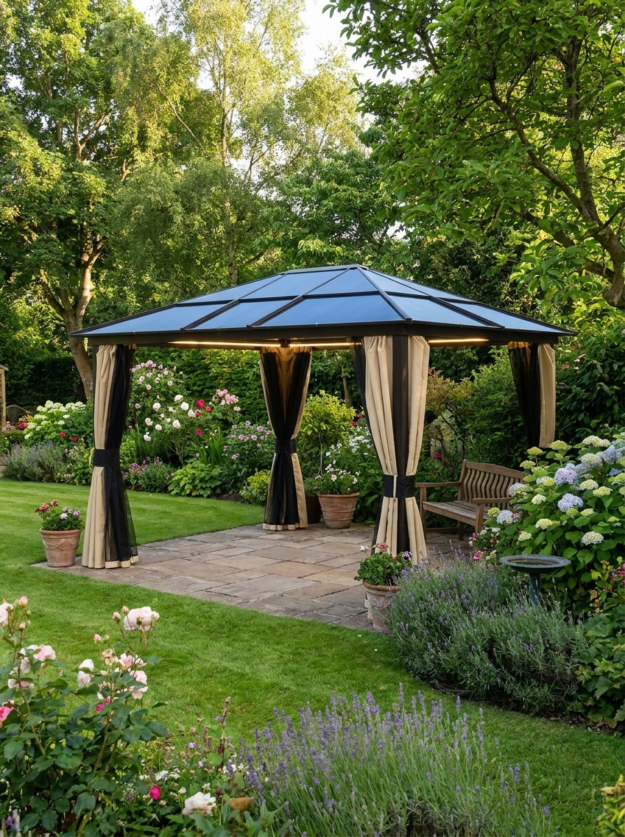 Solar-Powered 3.6 x 3m Aluminium Garden Gazebo with LED Lighting, Polycarbonate Hardtop Roof, Curtains & Insect Mesh Shelter