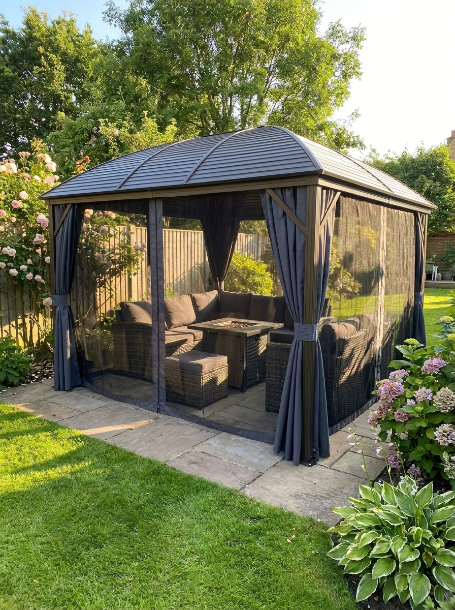 3.98m x 2.98m Brown Steel Hardtop Gazebo with Curtains & Mesh Netting - Aluminium Frame Garden Pavilion