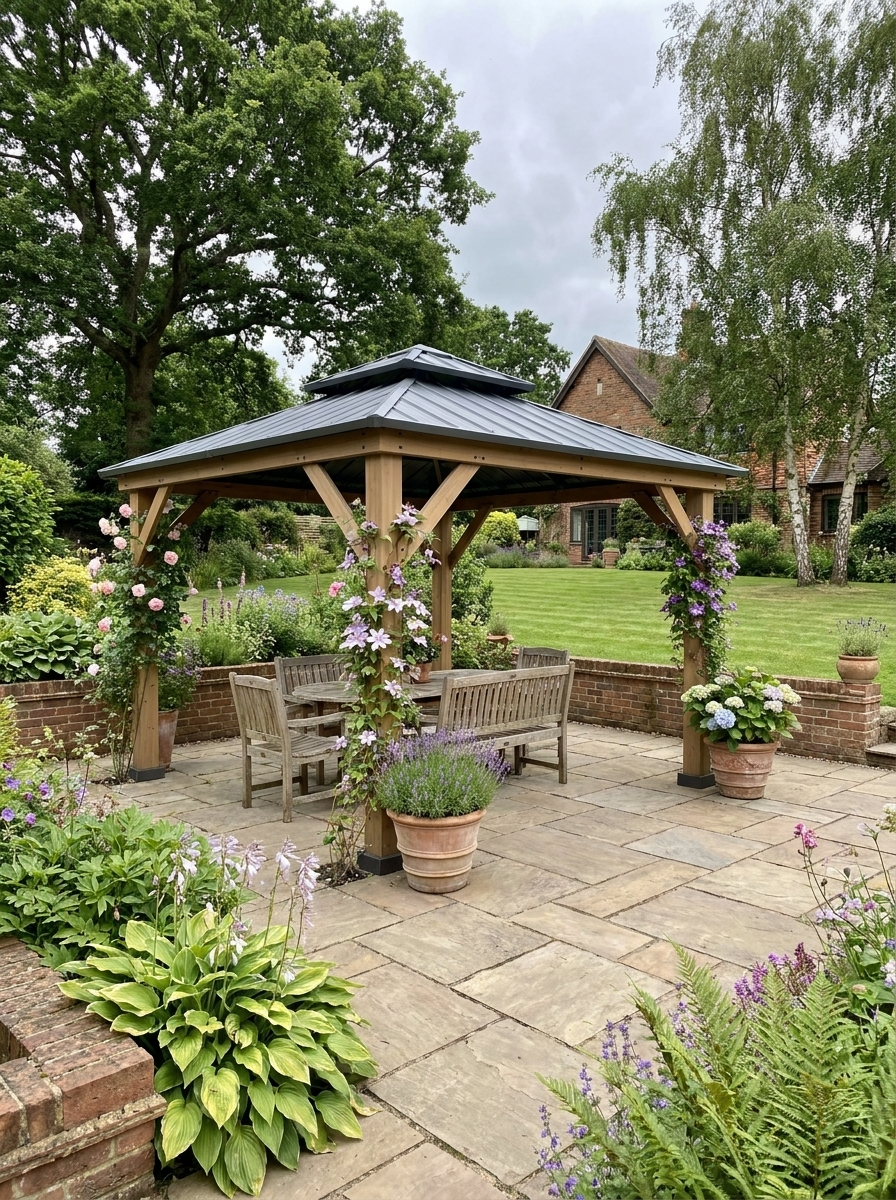3.5m x 3.5m Wooden Hardtop Gazebo with Two Tier Black Metal Roof - Garden Pavilion Shelter