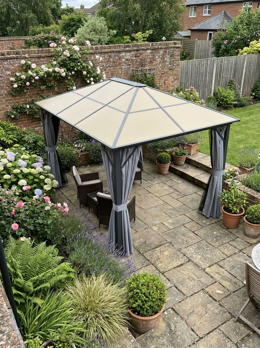 3m x 3.6m Aluminium Hardtop Gazebo - Polycarbonate Roof Garden Shelter with Privacy Curtains