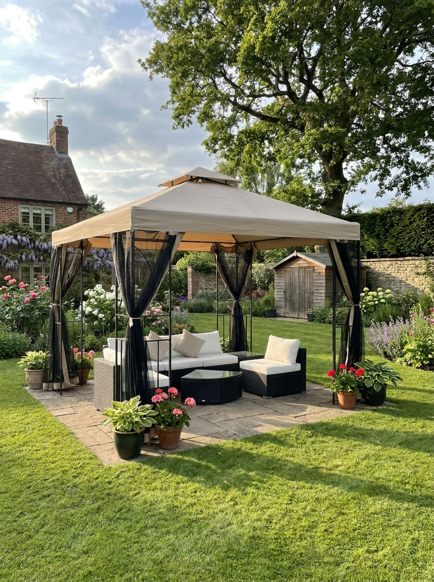 Beige 3m x 3m Hardtop Gazebo - Double Tier Roof Garden Shelter with Net Curtains and Storage Trays