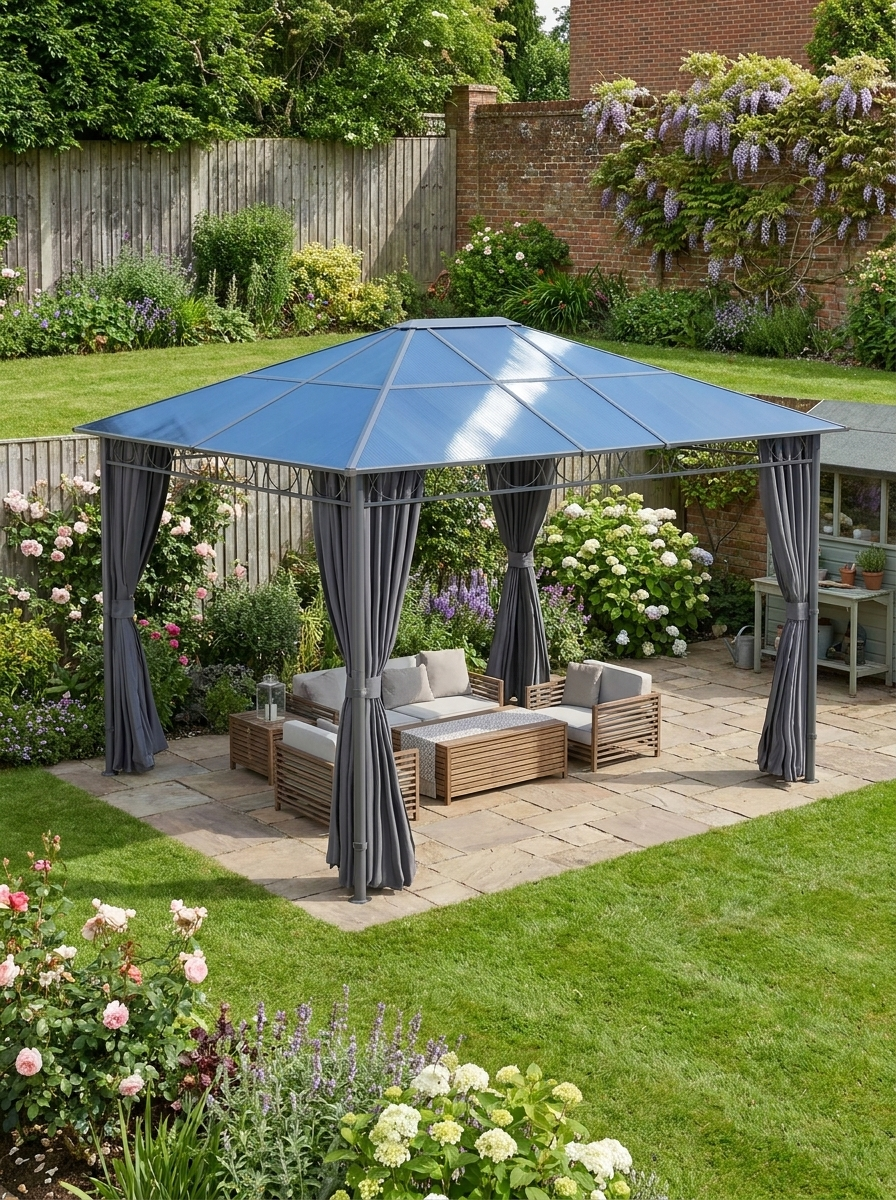 3.6m x 3m Aluminium Frame Hardtop Gazebo - UV Resistant Polycarbonate Garden Shelter with Curtains