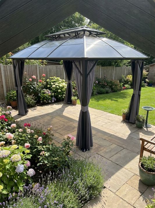 4m x 3m Aluminium Hardtop Gazebo with Polycarbonate Roof, Privacy Curtains & Mesh Sidewalls – Black & Grey