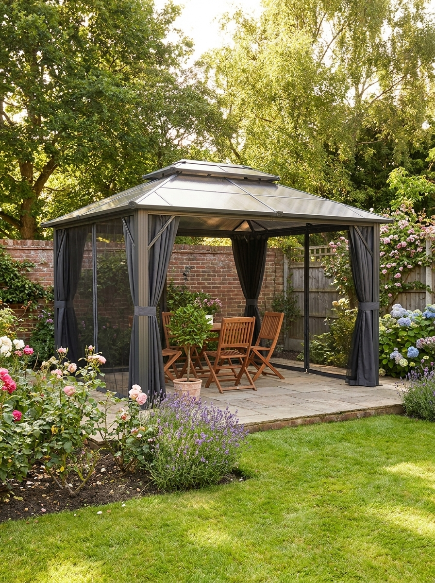 4m x 3m Grey Aluminium Hardtop Gazebo Pavilion – UPF30+ Polycarbonate Roof Outdoor Garden Shelter with Privacy Curtains & Insect Netting