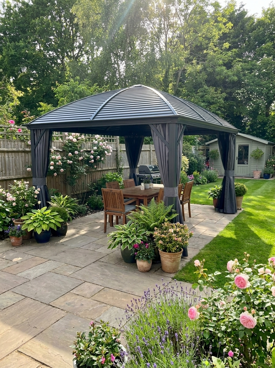 3m x 4m Dark Grey Hardtop Garden Gazebo Pavilion – Aluminium Frame with Steel Roof, Privacy Curtains & Insect Mesh Canopy Shelter