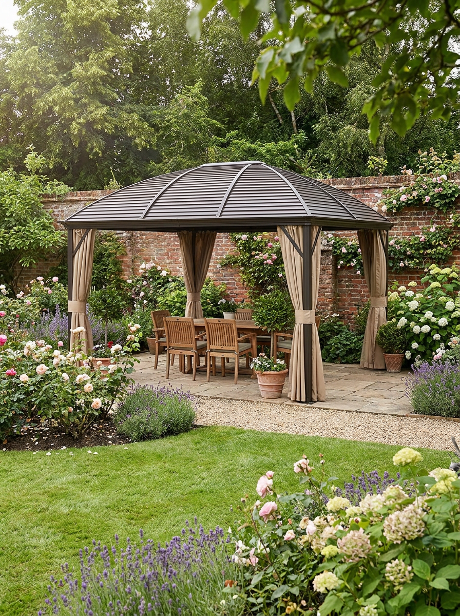 3m x 4m Brown Hardtop Garden Gazebo with Aluminium Frame, Steel Roof, Privacy Curtains & Mosquito Netting – Premium Outdoor Pavilion Shelter