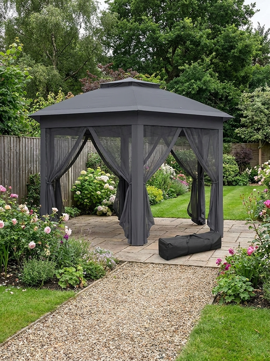 3m x 4m Brown Hardtop Garden Gazebo with Aluminium Frame, Steel Roof, Privacy Curtains & Mosquito Netting – Premium Outdoor Pavilion Shelter