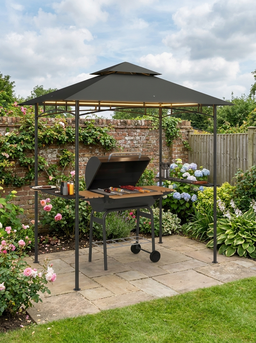 8ft x 5ft Dark Grey BBQ Gazebo Shelter with Double Vent Roof, LED Lighting, Side Shelves & Outdoor Grill Canopy