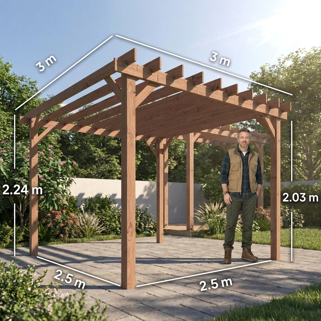 3m x 3m Wooden Pergola Kit – Maple Wood – Effect Garden Pergola with Grape Trellis Roof and Triangle Supports