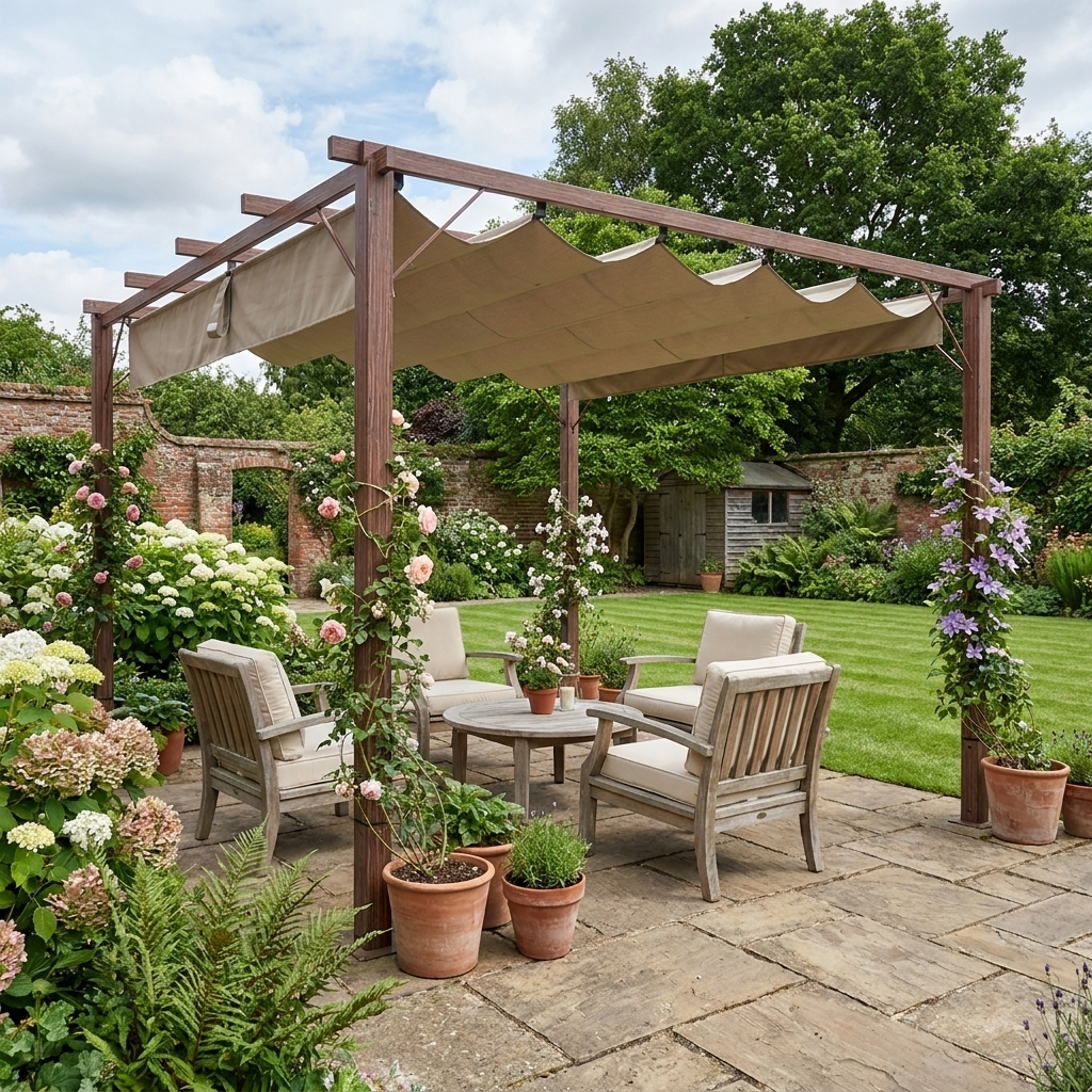 3m x 3m Retractable Roof Pergola – Natural Wood Effect Finish, Outdoor Garden Shade Canopy Shelter
