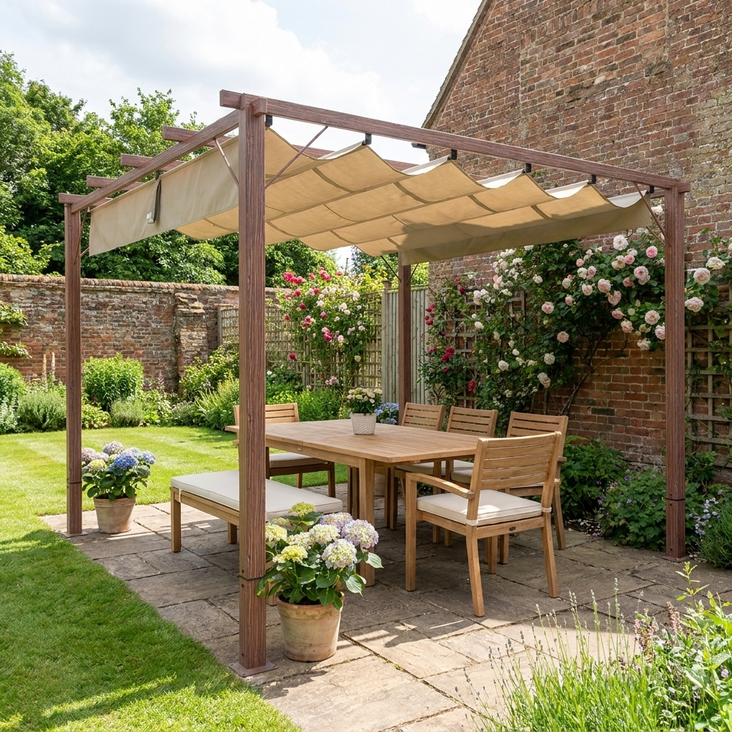 3m x 3m Retractable Roof Pergola – Natural Wood Effect Finish, Outdoor Garden Shade Canopy Shelter