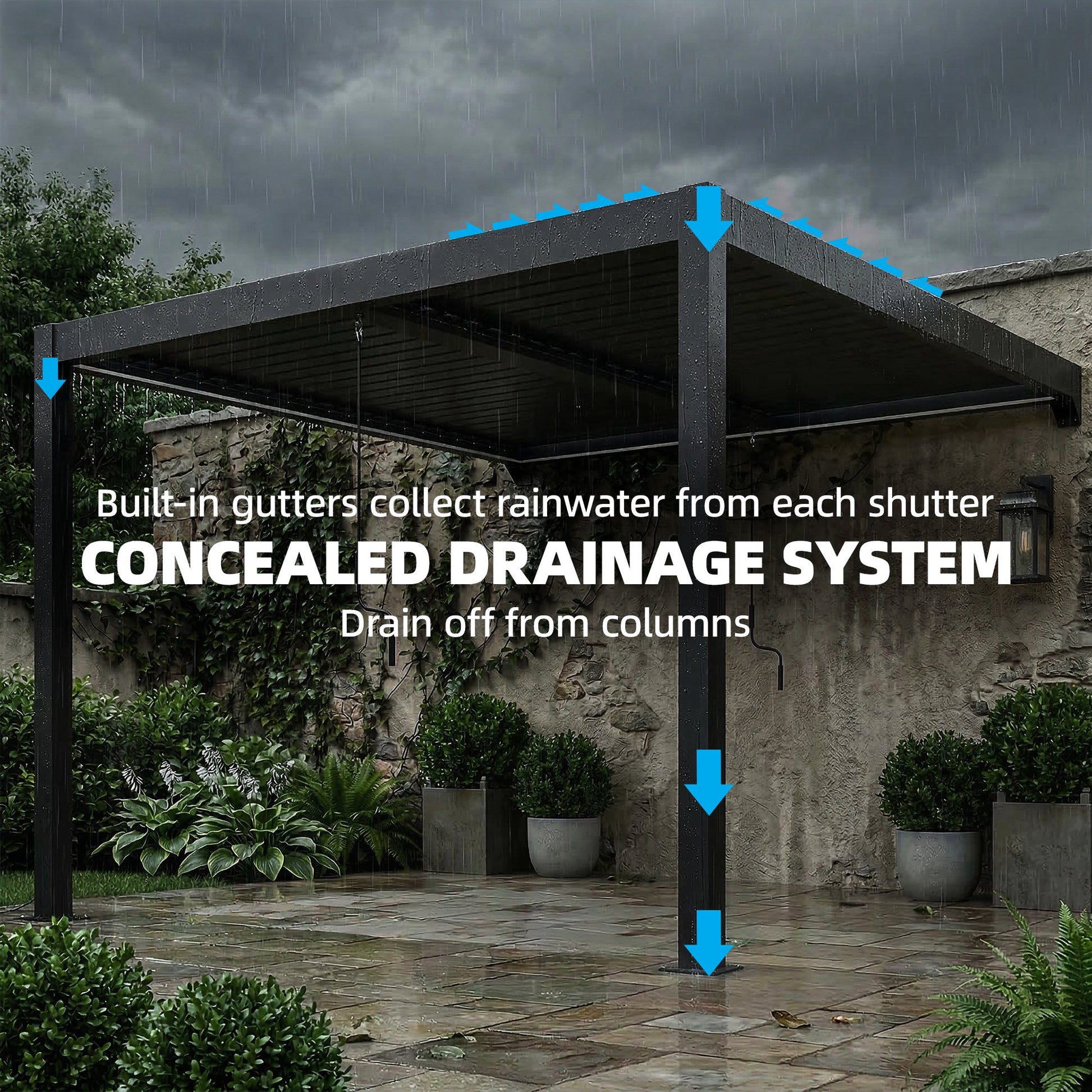 Outsunny 3 x 3 m Louvered Pergola with LED Lights, Metal Louvres, Wall Mounted Aluminium Patio Gazebo Pergola, Dark Grey