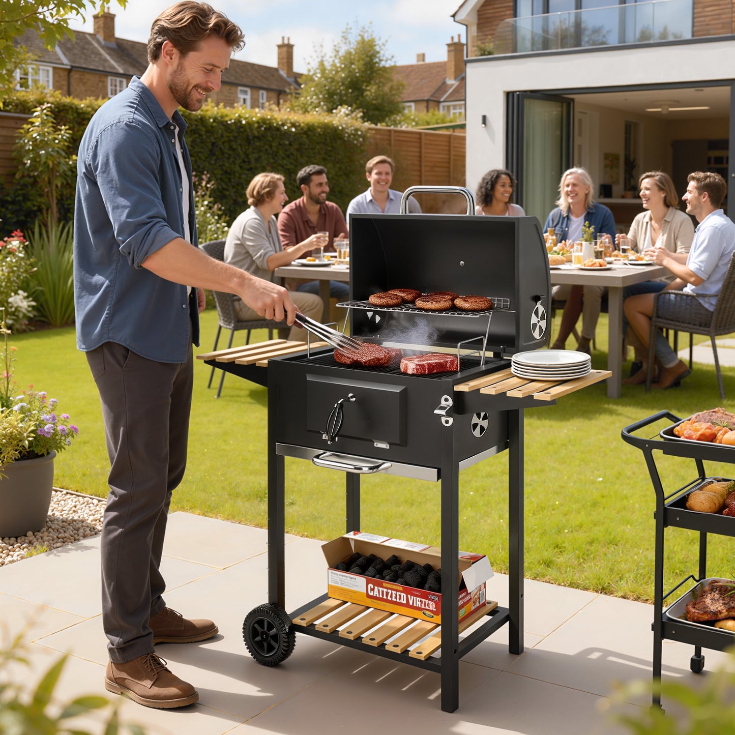 Charcoal BBQ with Adjustable Charcoal Pan, Barbecue Smoker with Warming Rack, Black