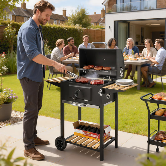 Charcoal BBQ with Adjustable Charcoal Pan, Barbecue Smoker with Warming Rack, Black