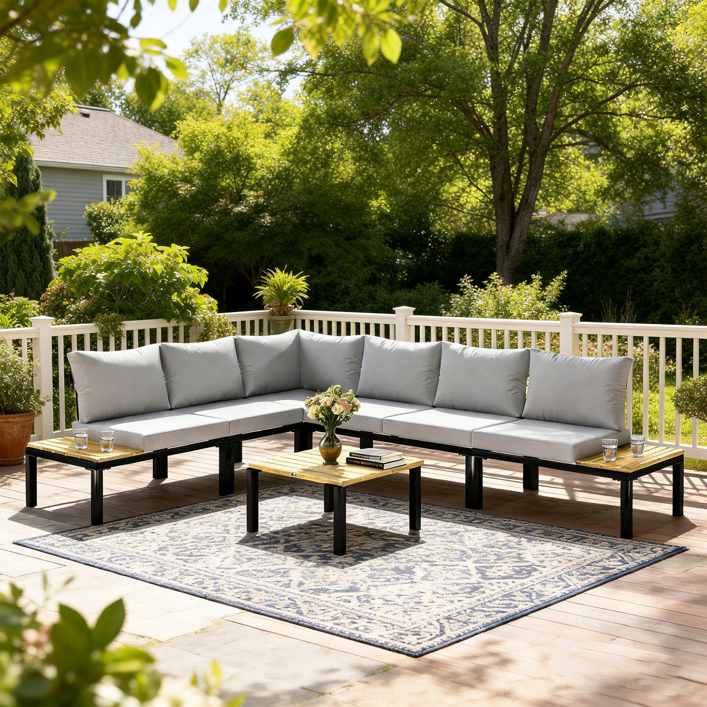 Santorini Garden Furniture Set, 6 Piece Corner Sofa Set with Loveseat, Coffee Table