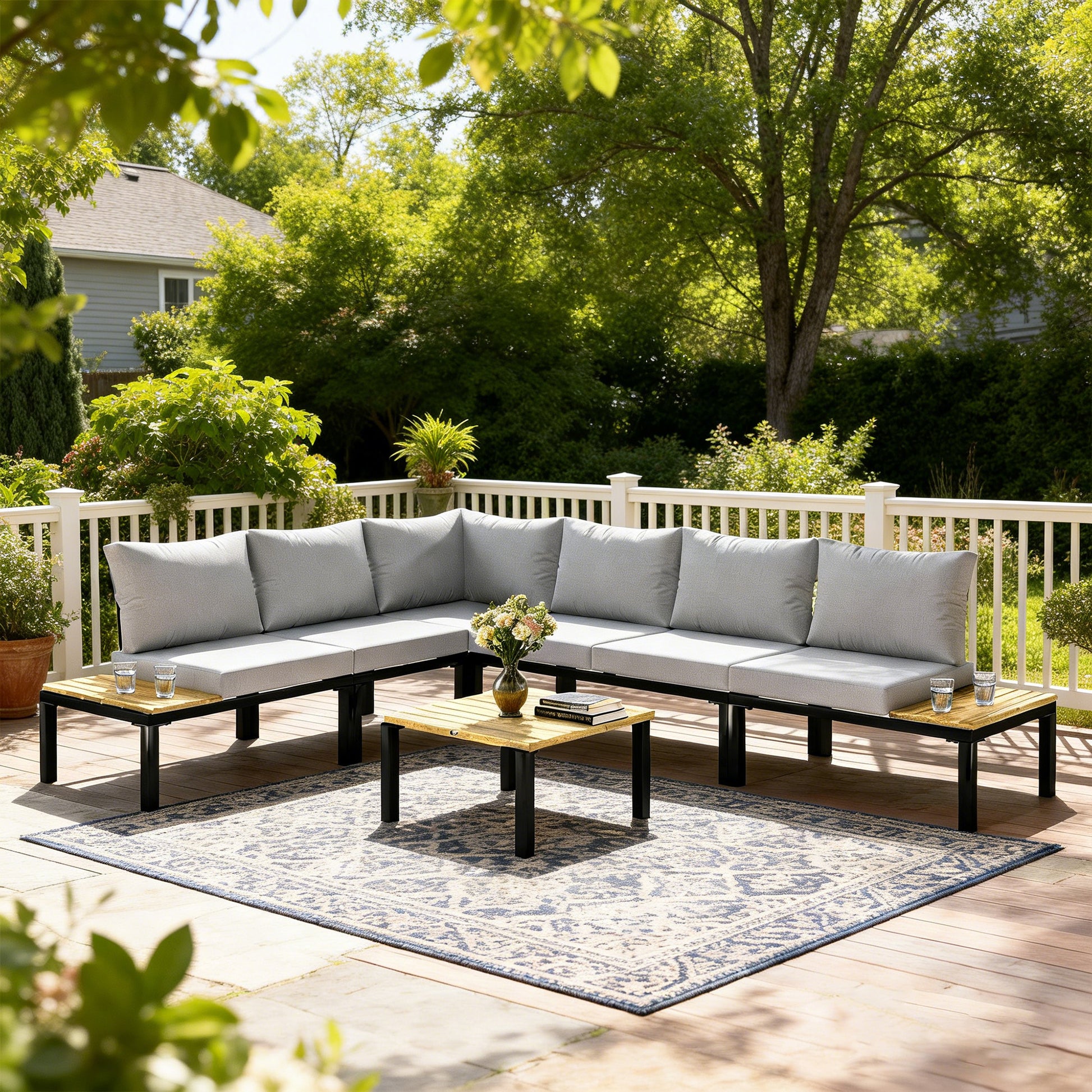 Santorini Garden Furniture Set, 6 Piece Corner Sofa Set with Loveseat, Coffee Table