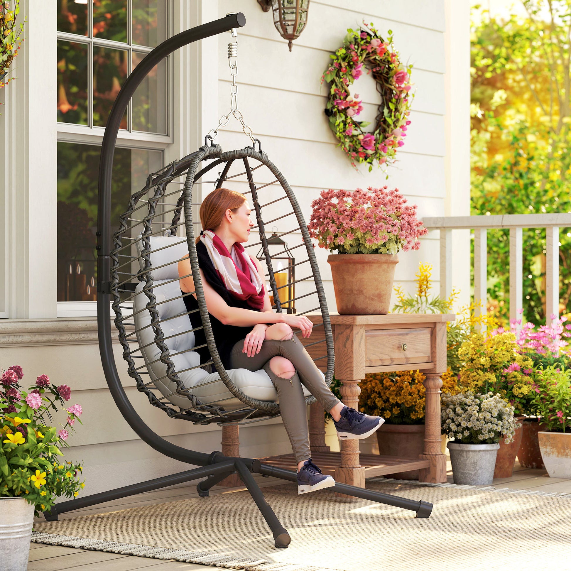Outsunny Rattan Hanging Egg Chair, Foldable Wicker Hammock Swing Chair with Cushion, Stand, Adjustable Height, Head Pillow, Steel Frame for Garden Patio Indoor Outdoor, Light Grey