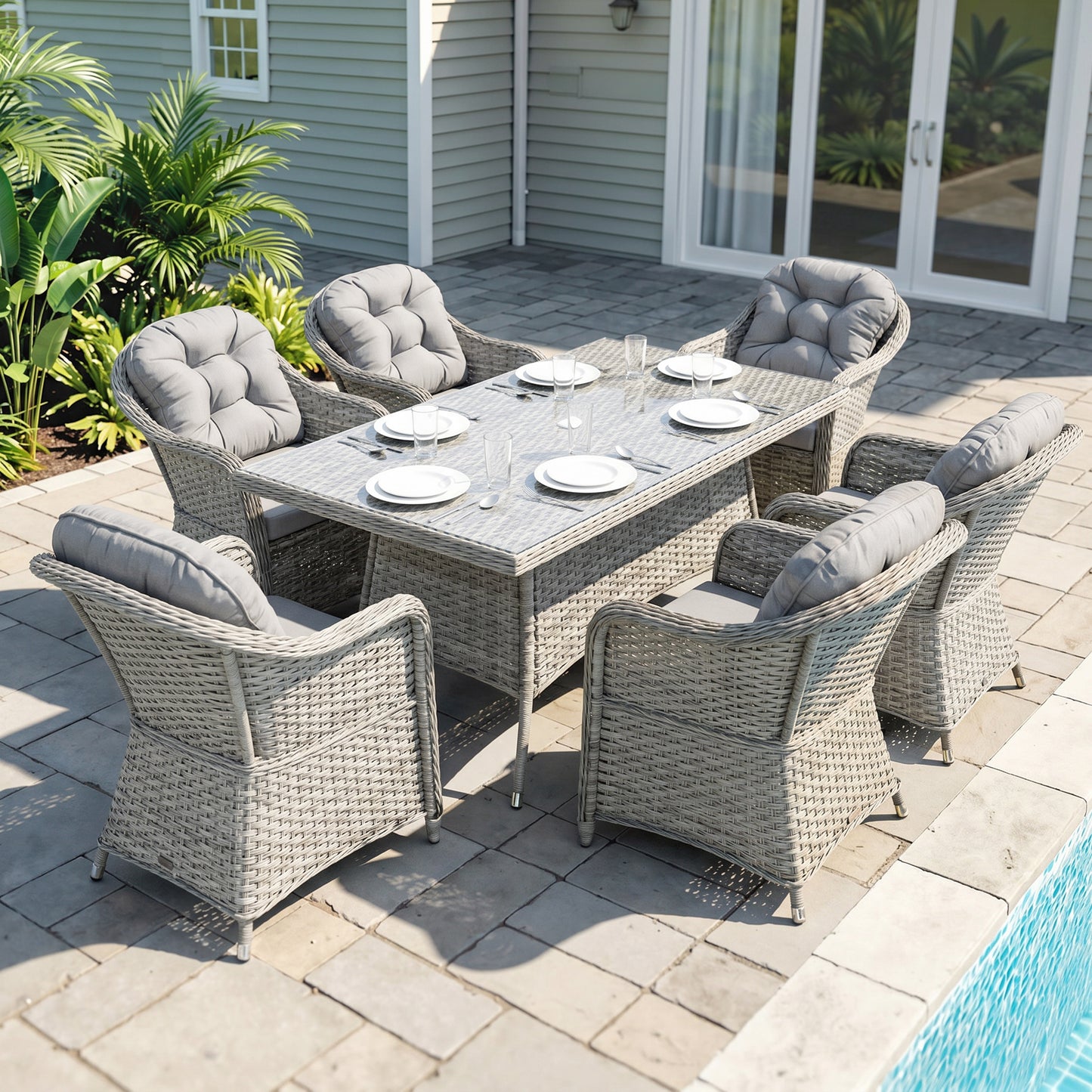 Monaco Seven-Piece Rattan Dining Set - Light Grey