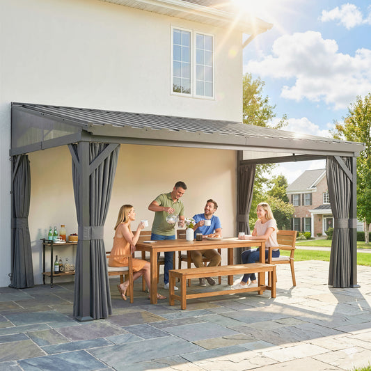 4.3 x 3 m Garden Pergola with Galvanised Steel Roof, Lean to Pergola Gazebo with Netting Curtains