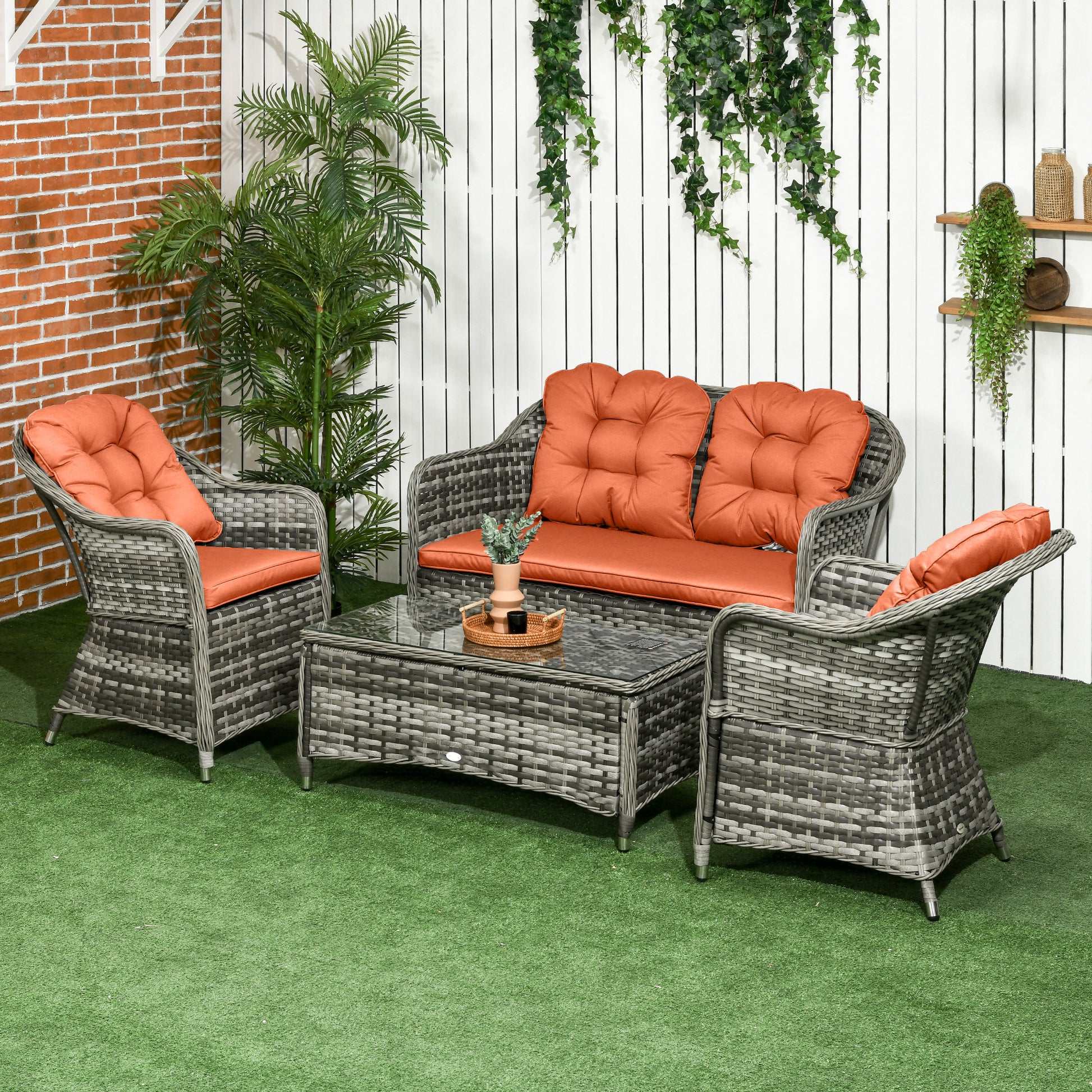 Santorini Four-Piece Rattan Sofa Set, with Glass-Top Table - Orange