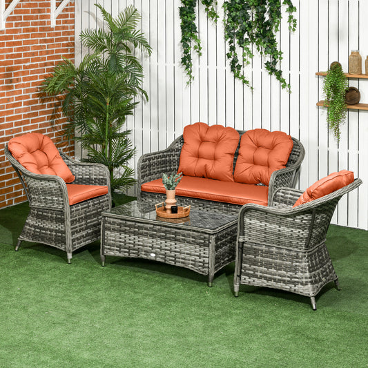 Santorini Four-Piece Rattan Sofa Set, with Glass-Top Table - Orange