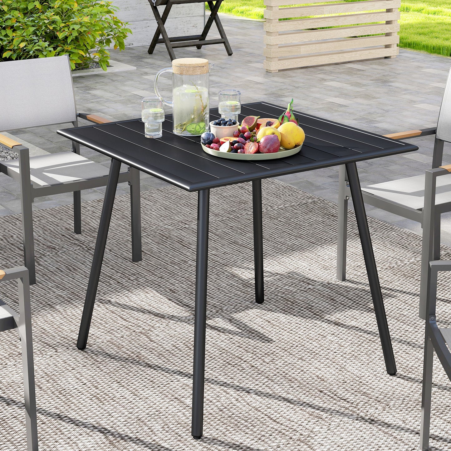 Tivoli Square Garden Table with Slat Top, Steel Frame, Garden Table for 4 Person, 80 x 80 x 74 cm, Black