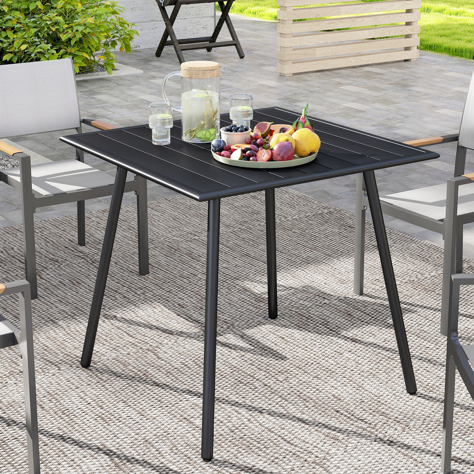 Tivoli Square Garden Table with Slat Top, Steel Frame, Garden Table for 4 Person, 80 x 80 x 74 cm, Black