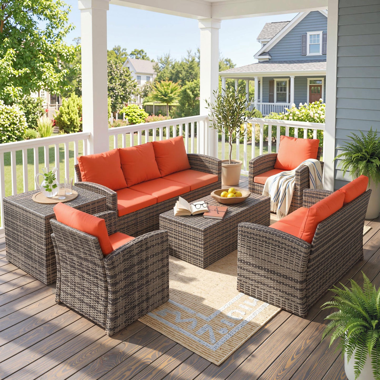 Outsunny 6 Pieces Rattan Garden Furniture Set, 7 Seater Wicker Outdoor Furniture Set with Storage Tea Table & Side Table, Sectional Garden Sofa Set with Cushions, Orange